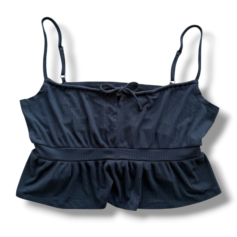 ONeill Women XL Dark Blue Teal Tiffany Ribbed Peplum Cropped Cami Top Boho Beach